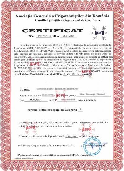 Certificat Certificat AGFR - personal utilizator angajat de Categoria I