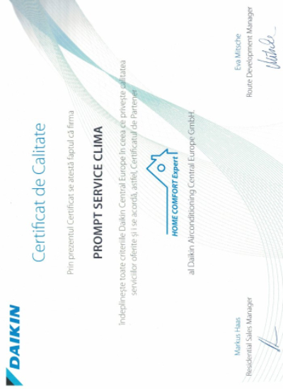 Certificat Certificat de calitate - Daikin