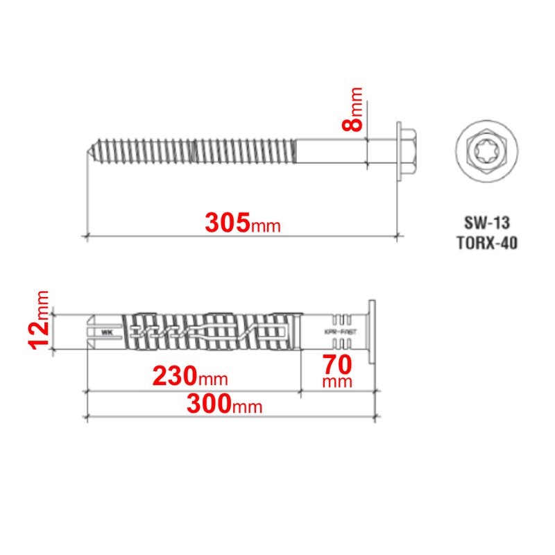 Diblu de fixare cu cap hexagonal Wkret-met Klimas, diametru 12 mm, lungime 300 mm - dimnesiuni