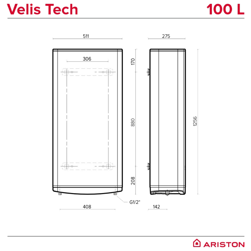 Boiler electric Ariston Velis Tech 100 EU, 100 litri - dimensiuni aparat