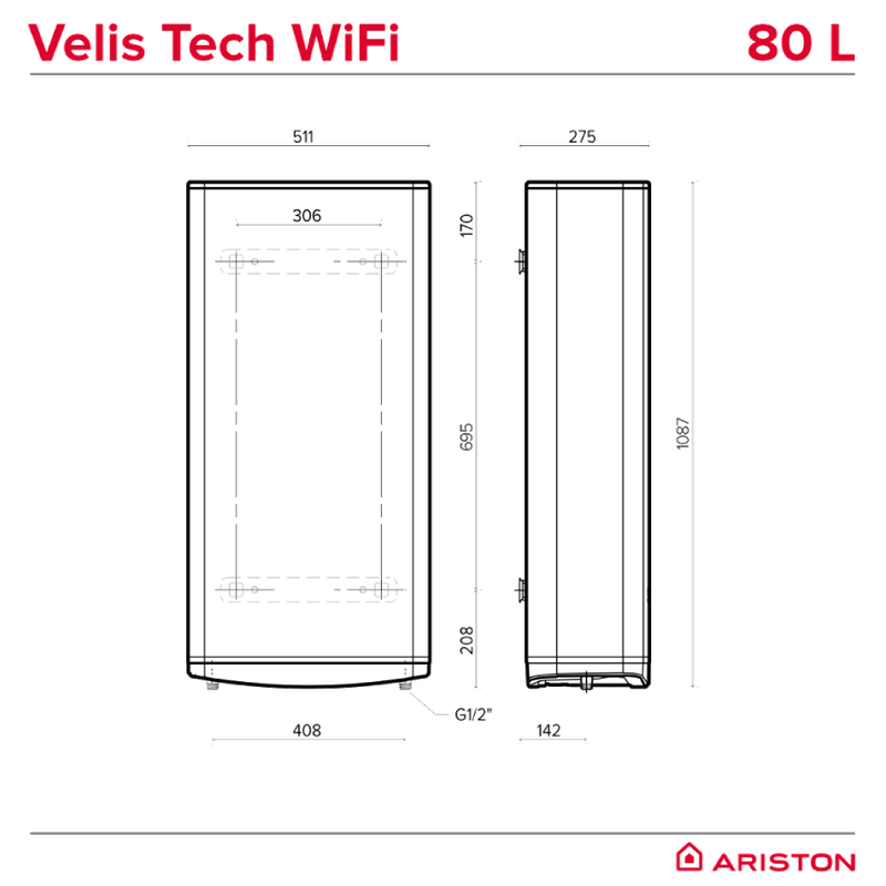 Boiler electric Ariston Velis Tech Wi-Fi 80 EU, 80 litri - dimensiuni aparat