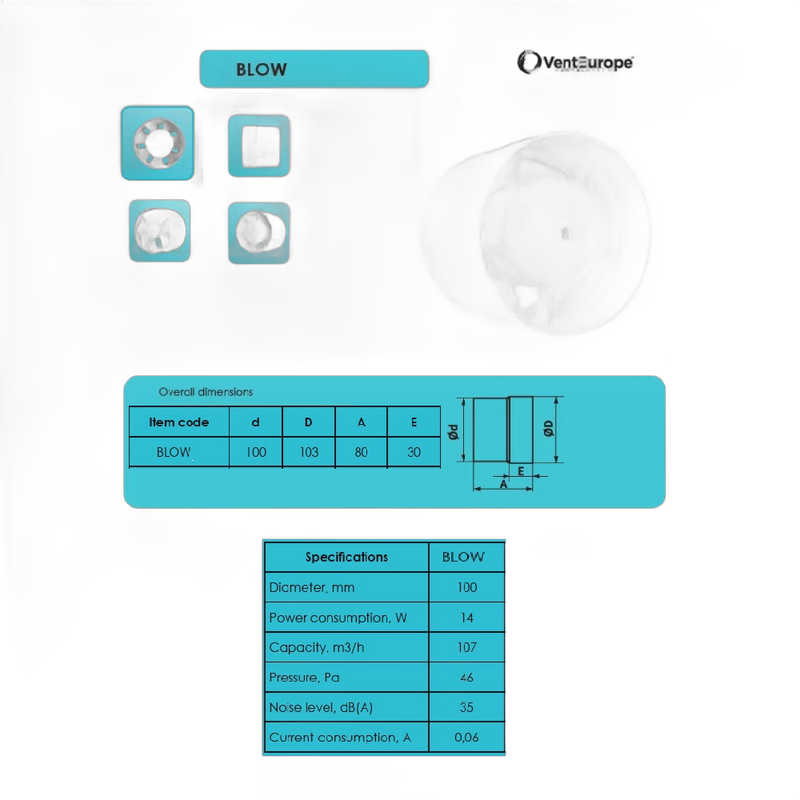 Ventilator Venteurope Blow 100, casnic, axial de tubulatura D100