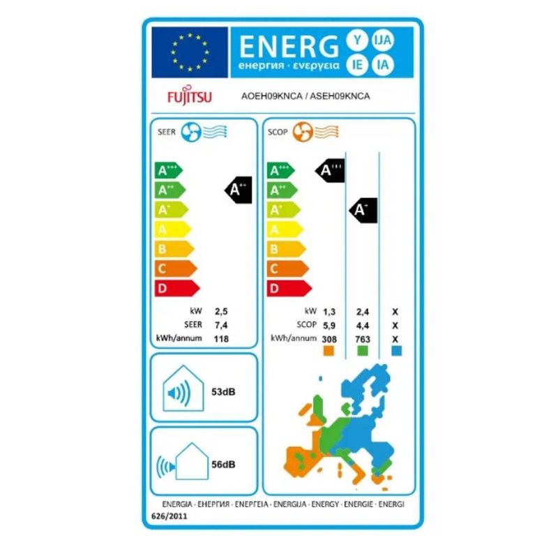 Aparat aer conditionat Fujitsu ASEH12KNCA / AOEH12KNCA, 12000 BTU, Clasa A++/A+, Wi-Fi, Inverter-clasa-energetica